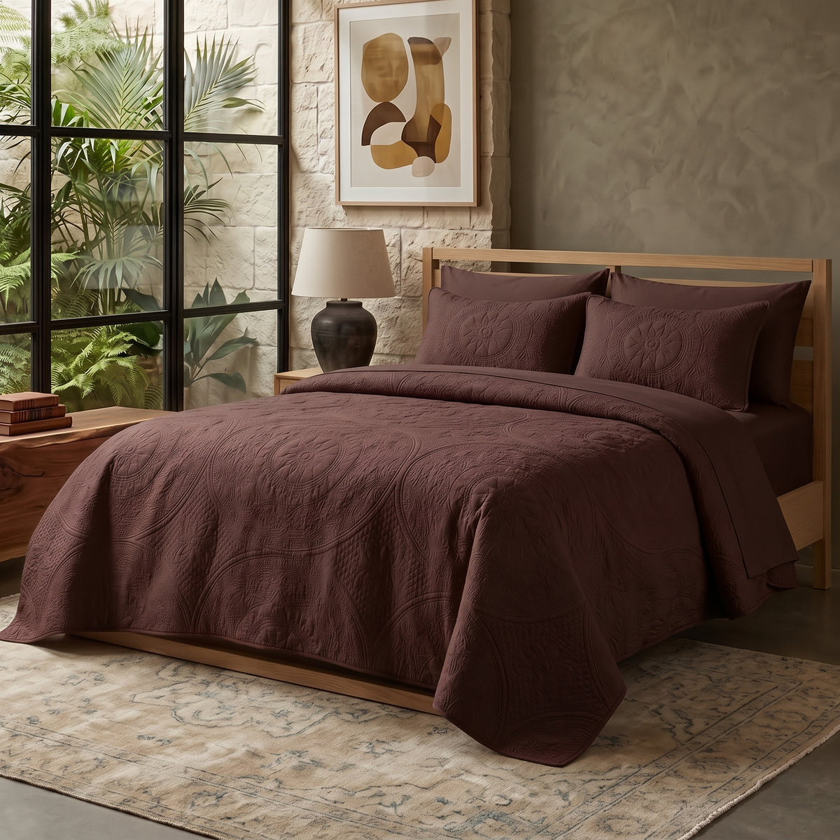 Dark Brown - Gilded Bloom Quilt - 6pcs BEDSPREAD Set (Light Filling)
