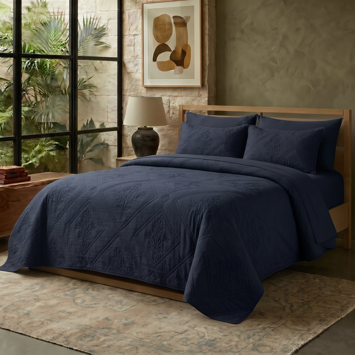 Dark Navy Blue - Gilded Bloom Quilt - 6pcs BEDSPREAD Set (Light Filling)