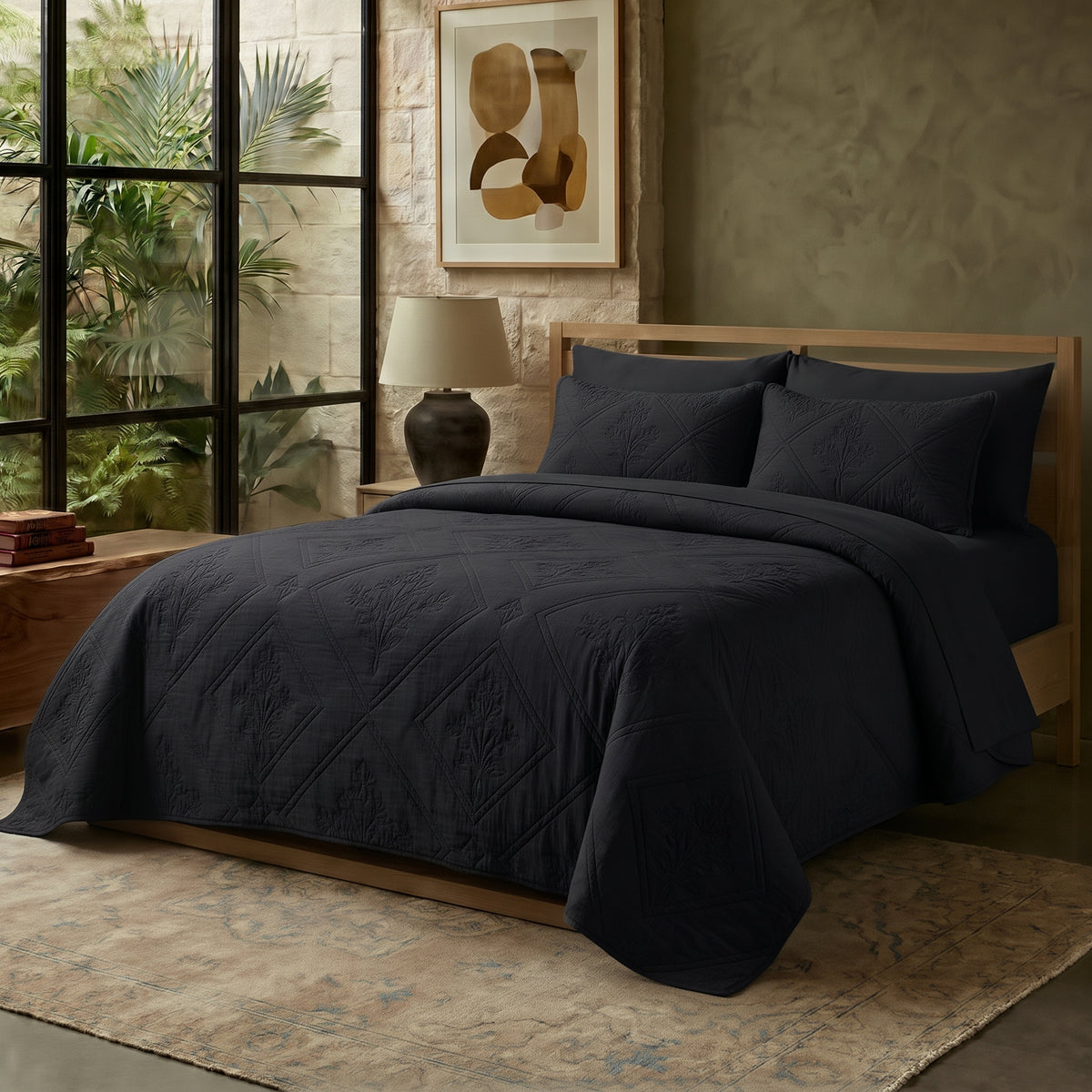 Black - Gilded Bloom Quilt - 6pcs BEDSPREAD Set (Light Filling)
