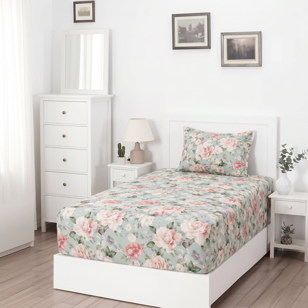 Green Flower - SINGLE Fitted Bedsheet Set