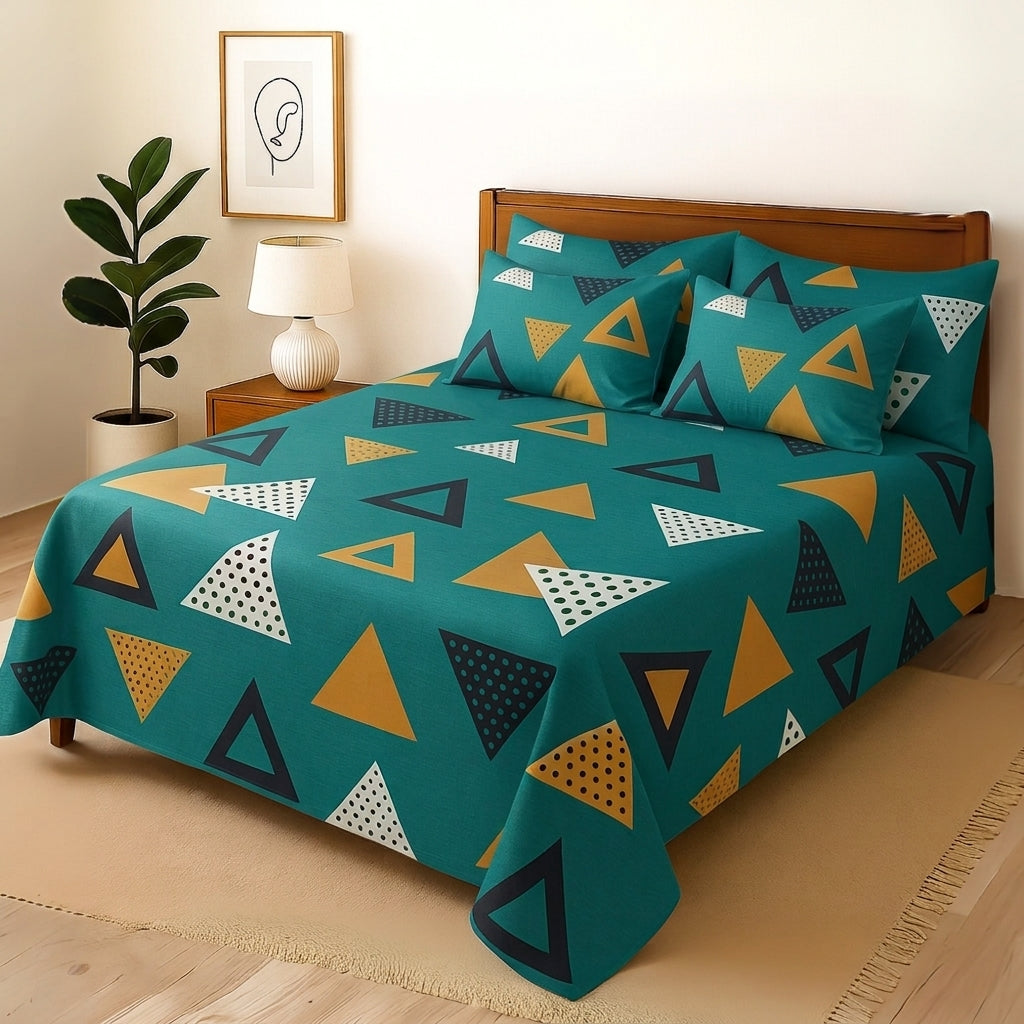 Green Triangle - Bedsheet With 4 Pillow Covers