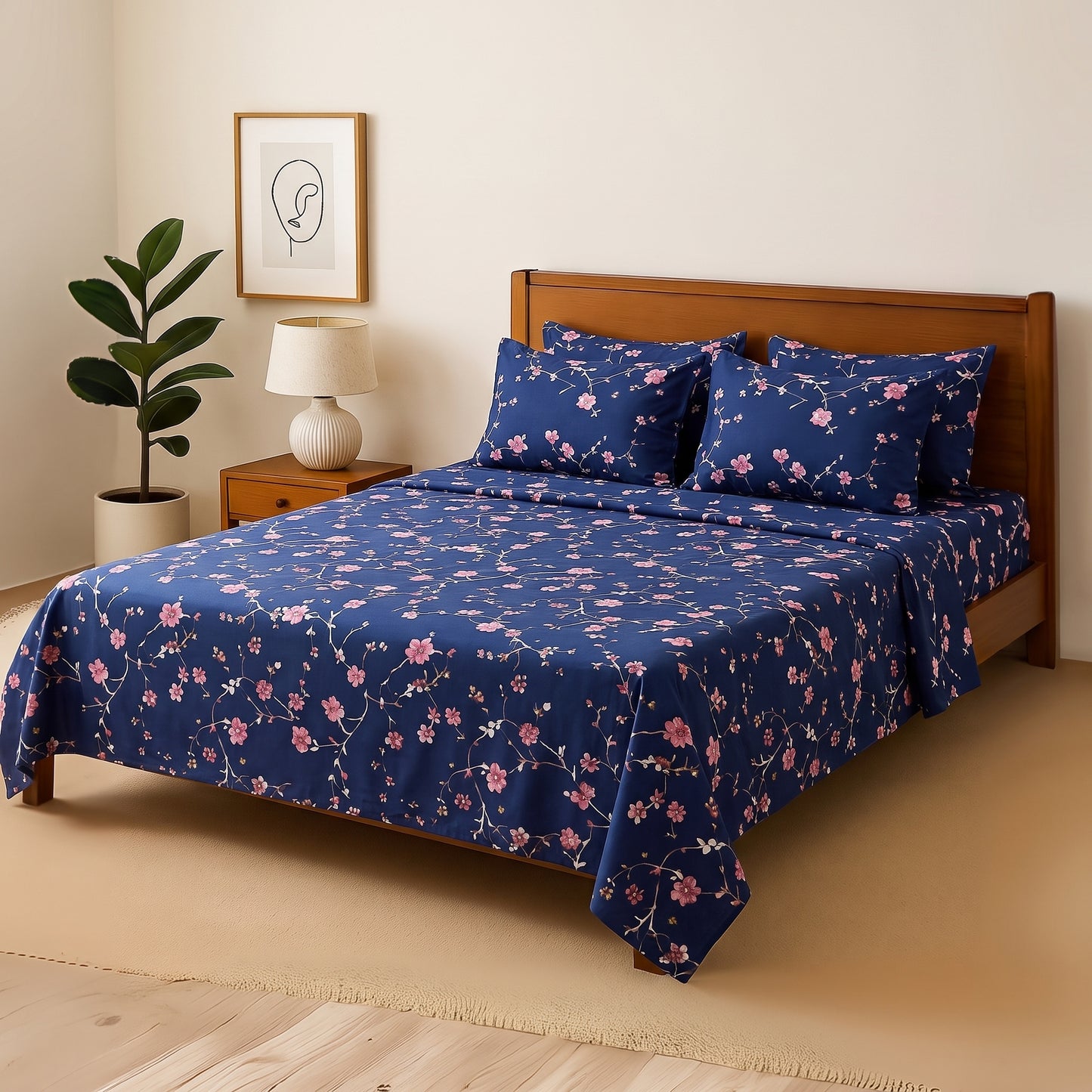 Blue Tulip - Bedsheet With 4 Pillow Covers