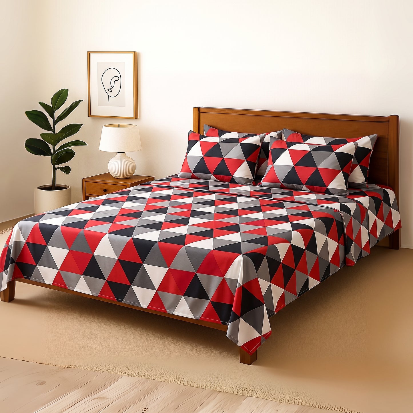 Red Tukri - Bedsheet With 4 Pillow Covers
