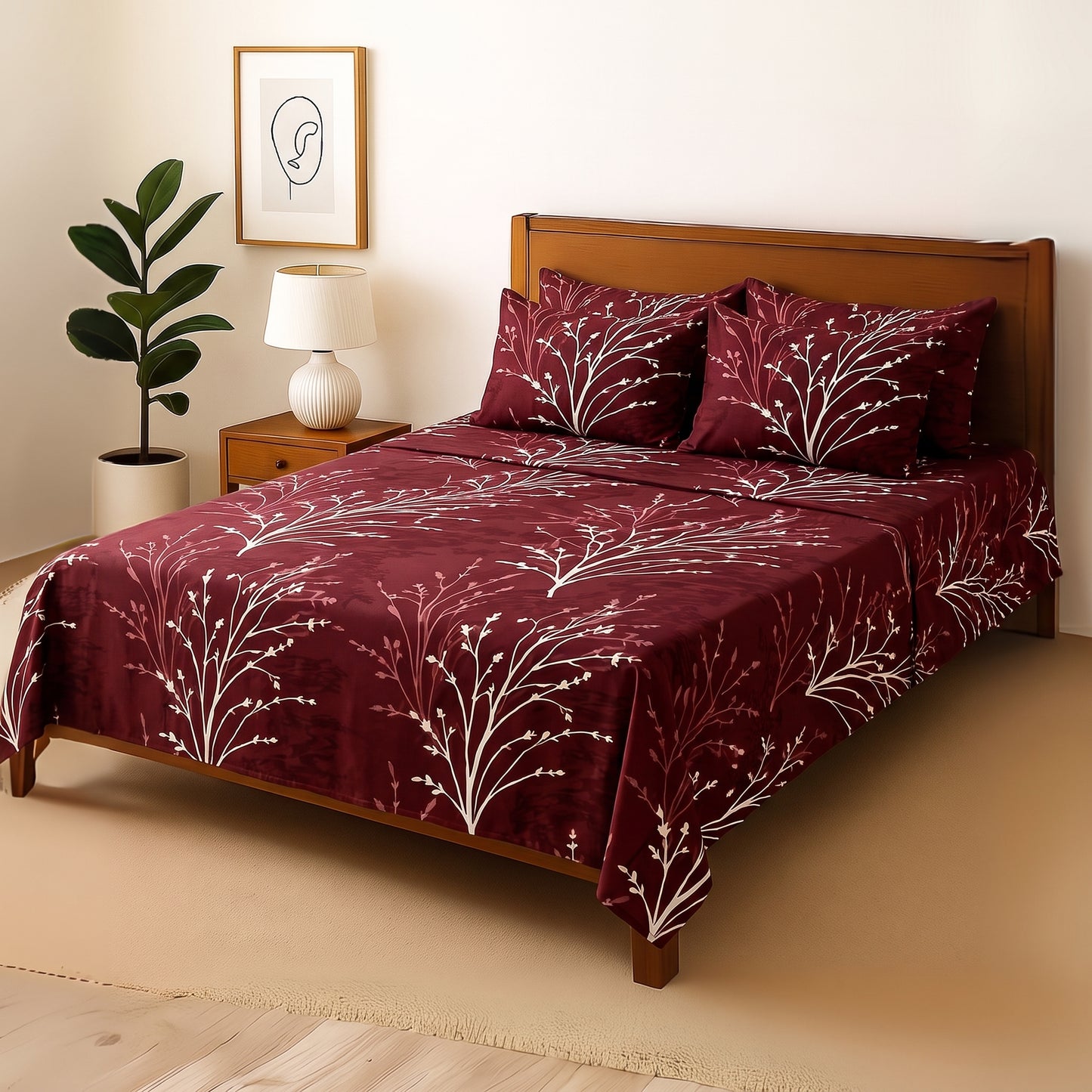 Maroon Tehni - Bedsheet With 4 Pillow Covers