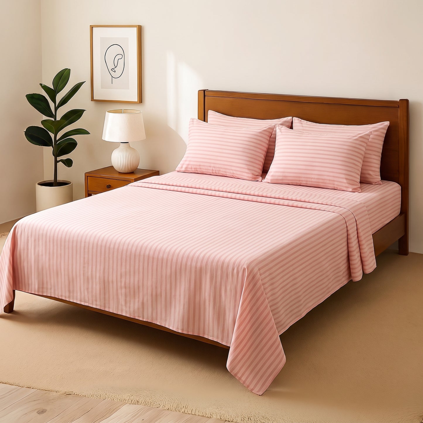 Pink Stripe - Bedsheet With 4 Pillow Covers