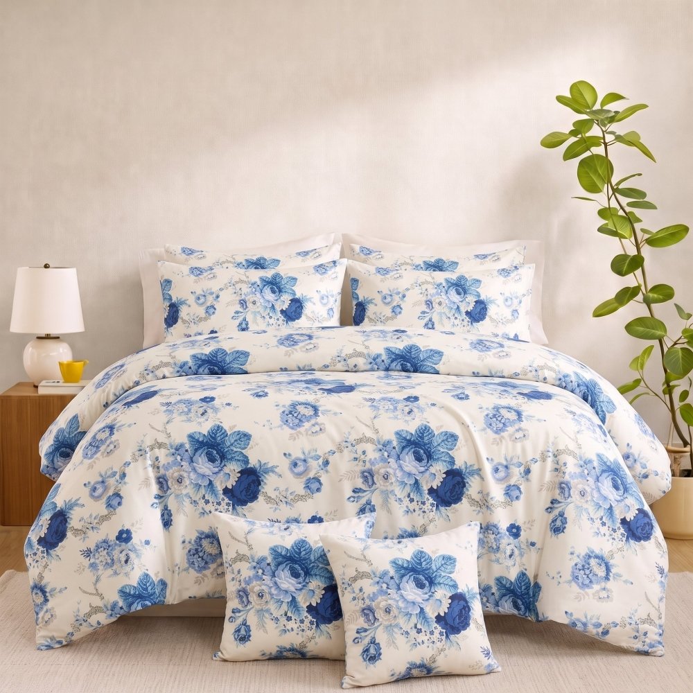 Royal Blue Botanical - 8pcs Quilt Cover Set (Without Filling) - Zaraish.com