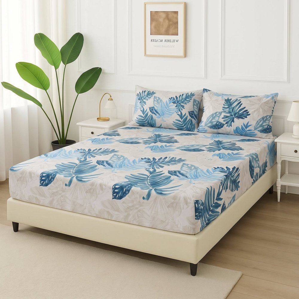 Sapphire Monstera Meadow - Fitted Bedsheet Set - Zaraish.com