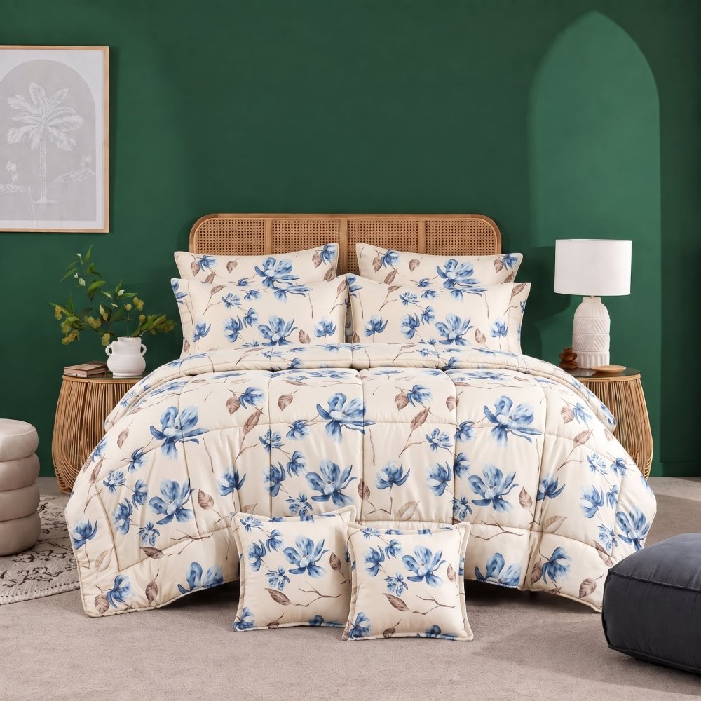 Vanilla Blue Floral - 8pcs Premium Comforter Set - Zaraish.com