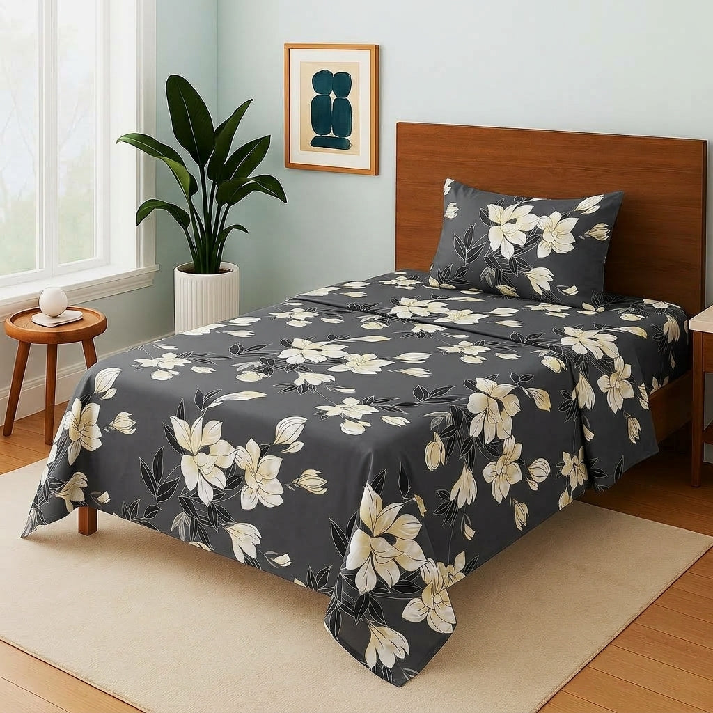 Charcoal White Blossom - Single Bedsheet Set