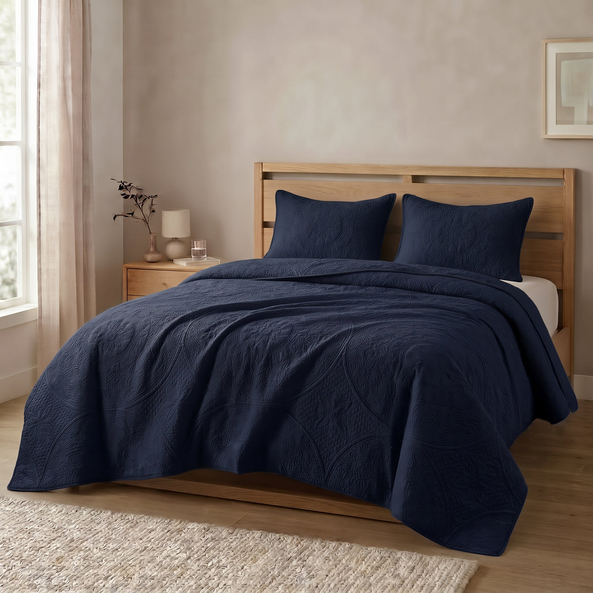 Dark Navy Blue - Gilded Bloom Quilt - 3pcs BEDSPREAD Set (Light Filling)