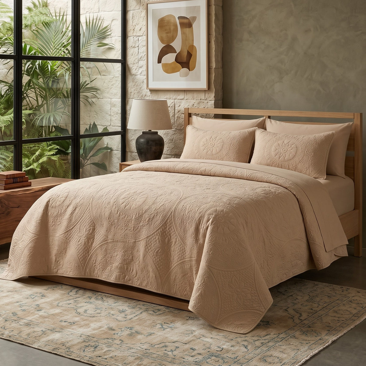 Beige - Gilded Bloom Quilt - 6pcs BEDSPREAD Set (Light Filling)