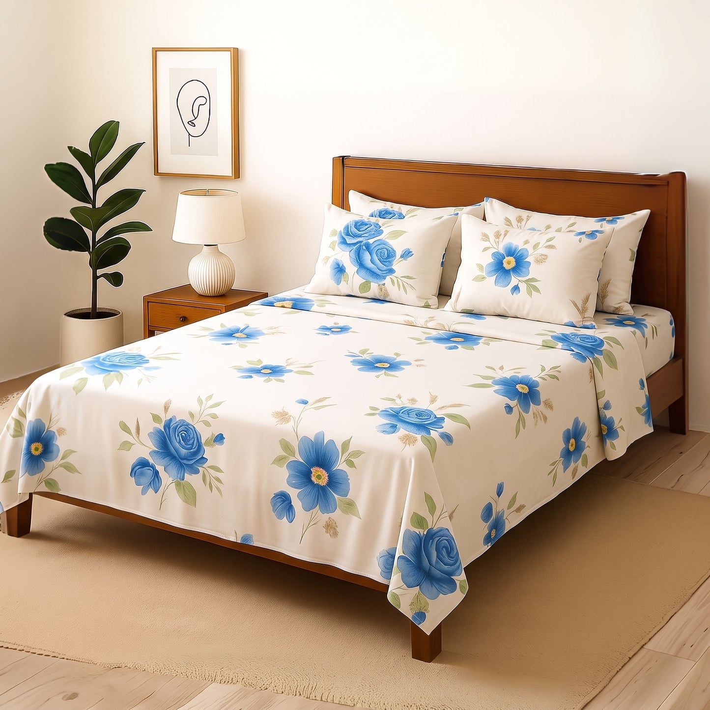 Blue Lavender - Bedsheet With 4 Pillow Covers