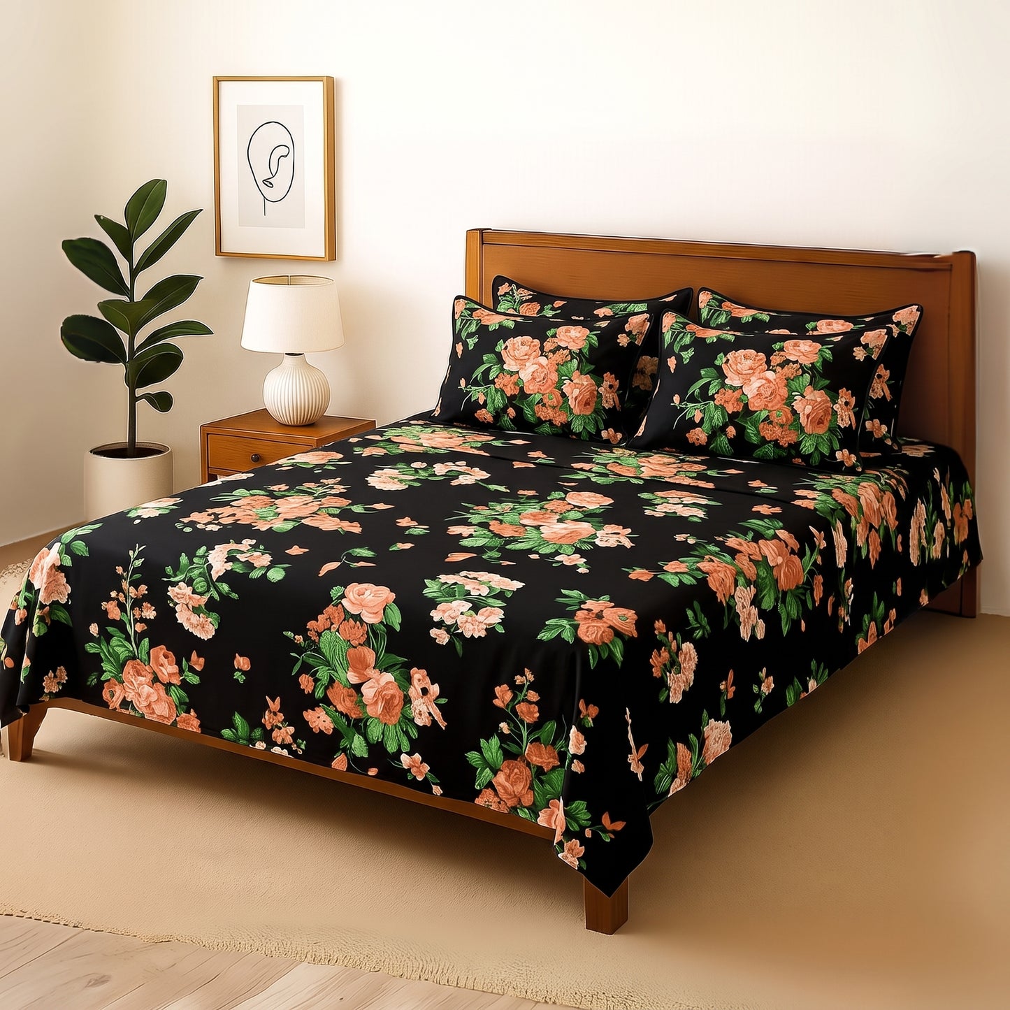 Black Tulip - Bedsheet With 4 Pillow Covers