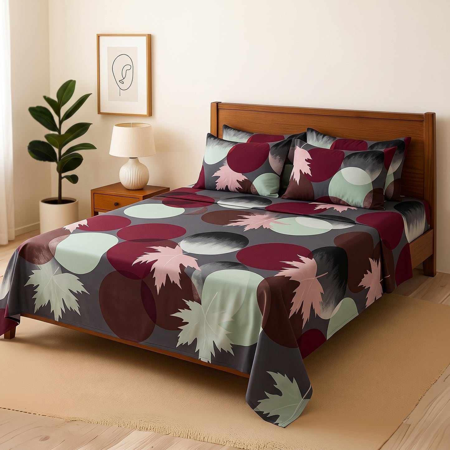 Maroon Circle - Bedsheet With 4 Pillow Covers