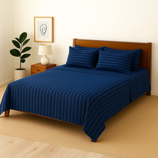 BLUE STRIPE- Bedsheet With 4 Pillow Covers