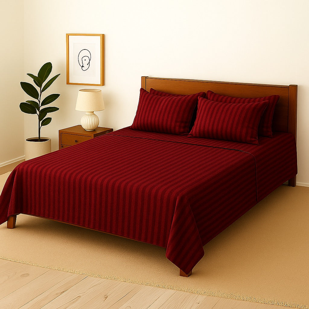 MAROON STRIPE- Bedsheet With 4 Pillow Covers