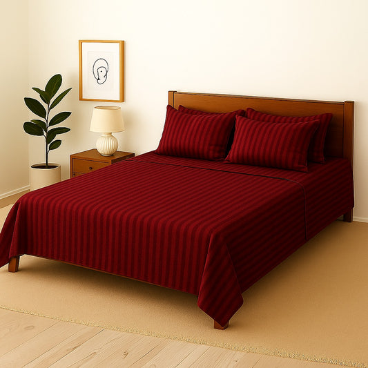 MAROON STRIPE- Bedsheet With 4 Pillow Covers