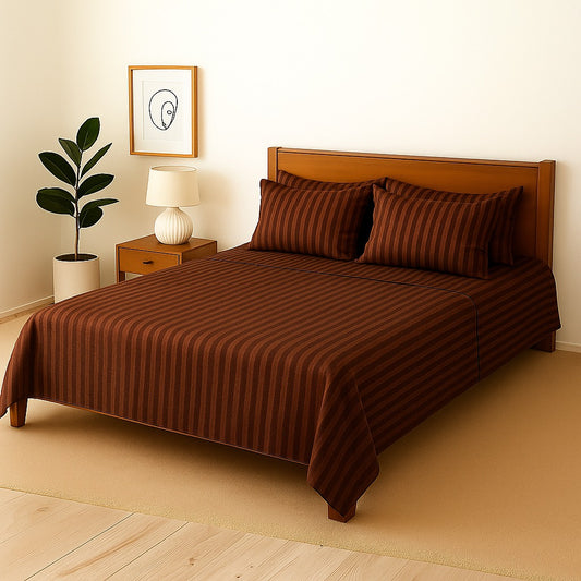 BROWN STRIPE- Bedsheet With 4 Pillow Covers