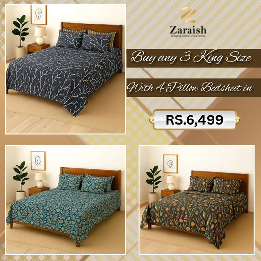 Buy any 3 king size with 4 pillow bedsheet in 6499