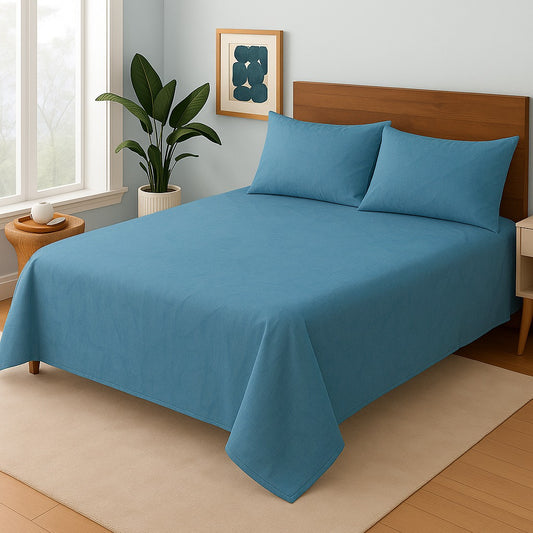 Blue - PURE COTTON PLAIN Bedsheet Set