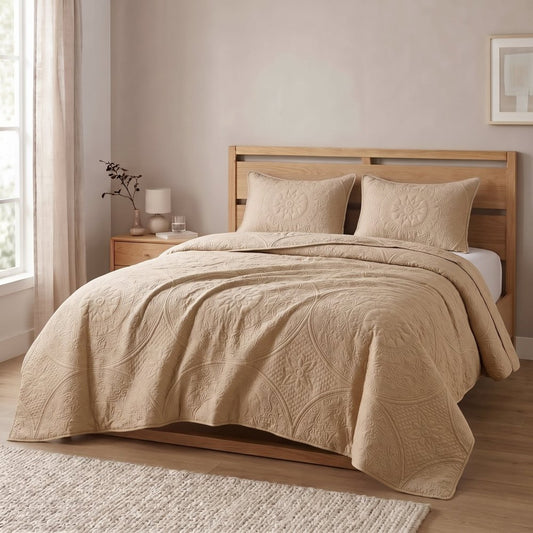 Beige - Gilded Bloom Quilt - 3pcs BEDSPREAD Set (Light Filling) - Zaraish.com