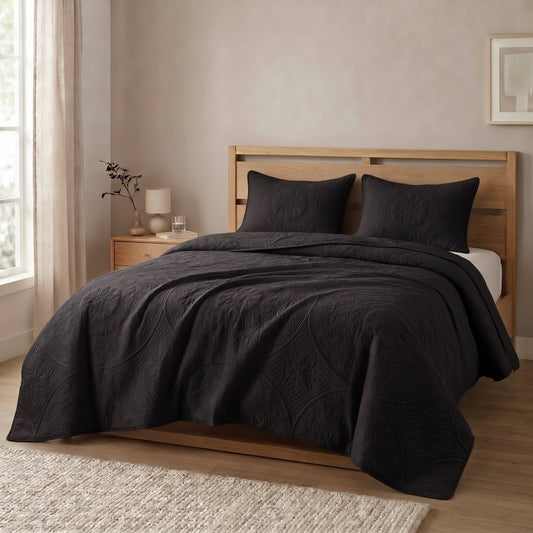 Black - Gilded Bloom Quilt - 3pcs BEDSPREAD Set (Light Filling) - Zaraish.com