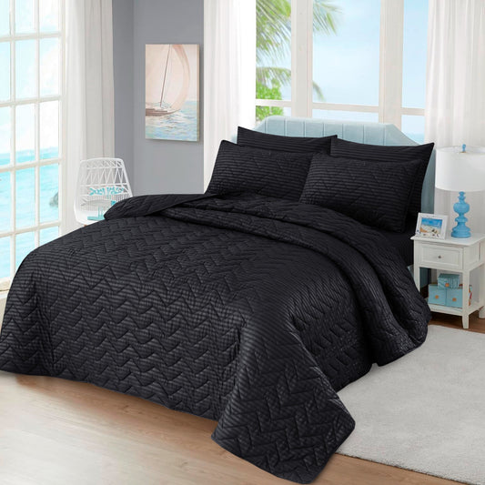 6pcs Comforter Set  - Black STRIPE Plain