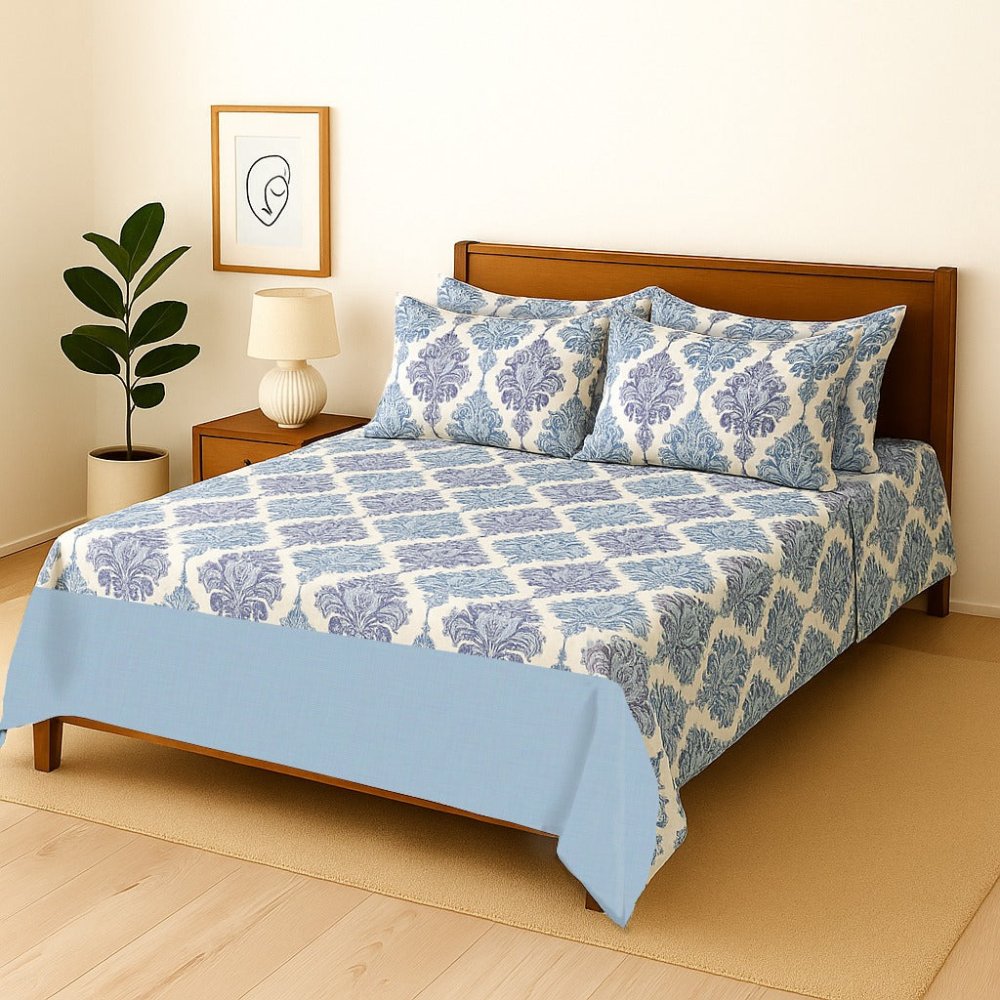 BLUE BORDER - Bedsheet With 4 Pillow Covers - Zaraish.com