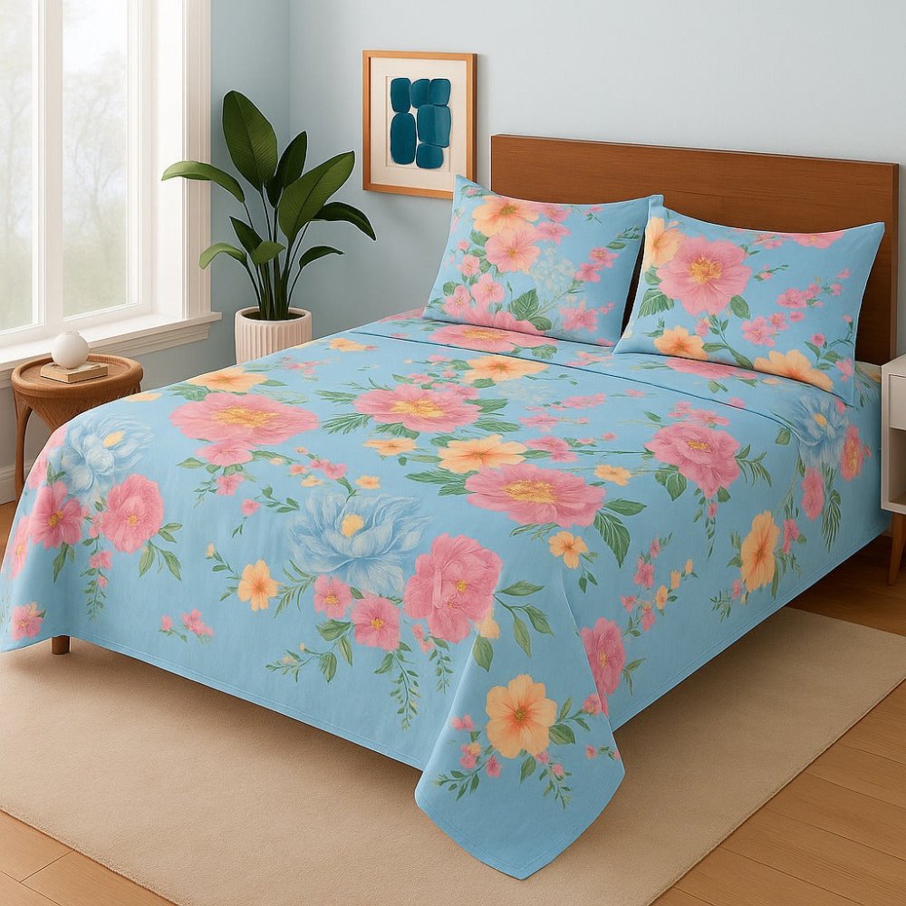 BLUE FLOWERY - Bedsheet Set - Zaraish.com