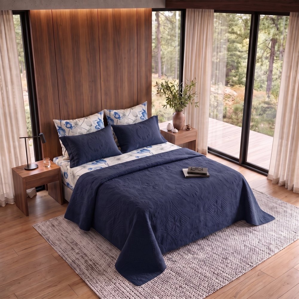 Bluebell Cascade Navy Blue Bedspread - 6 Pcs - Zaraish.com