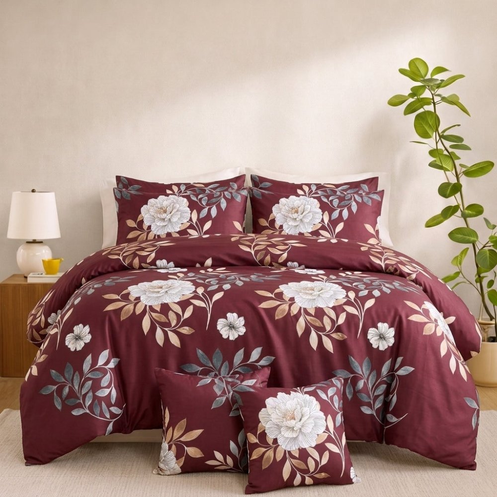 Burgundy Botanica - 8pcs Quilt Cover Set (Without Filling) - Zaraish.com