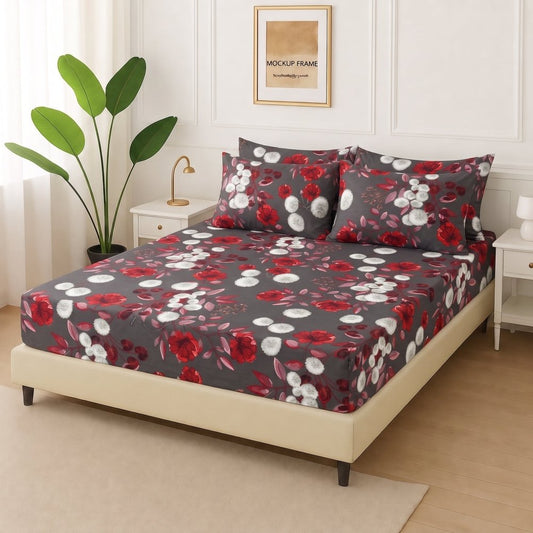 Crimson Dusk - Fitted Bedsheet With 4 Pillow Covers - Zaraish.com