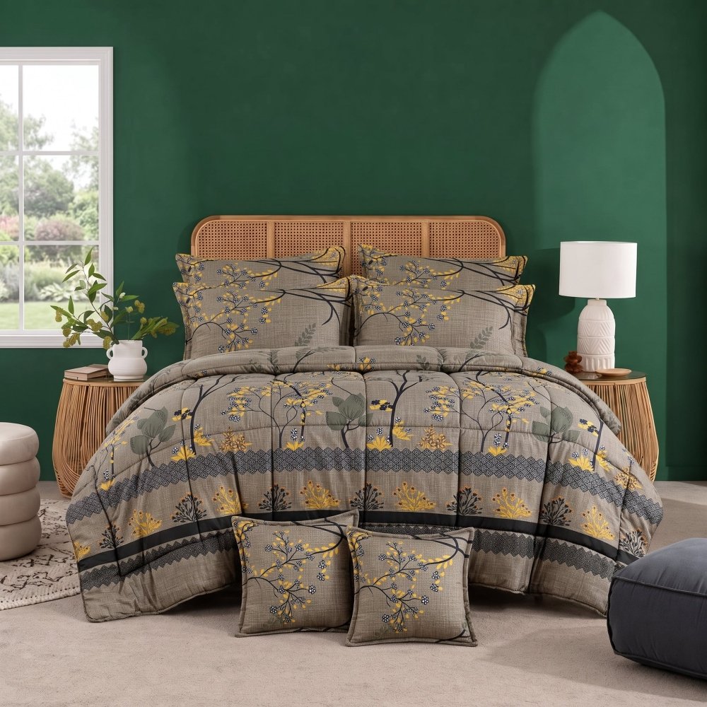 GREY LEAVES - 8pcs Premium Comforter Set - Zaraish.com