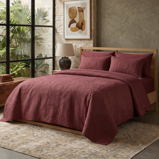 Maroon - Gilded Bloom Quilt - 6pcs BEDSPREAD Set (Light Filling) - Zaraish.com