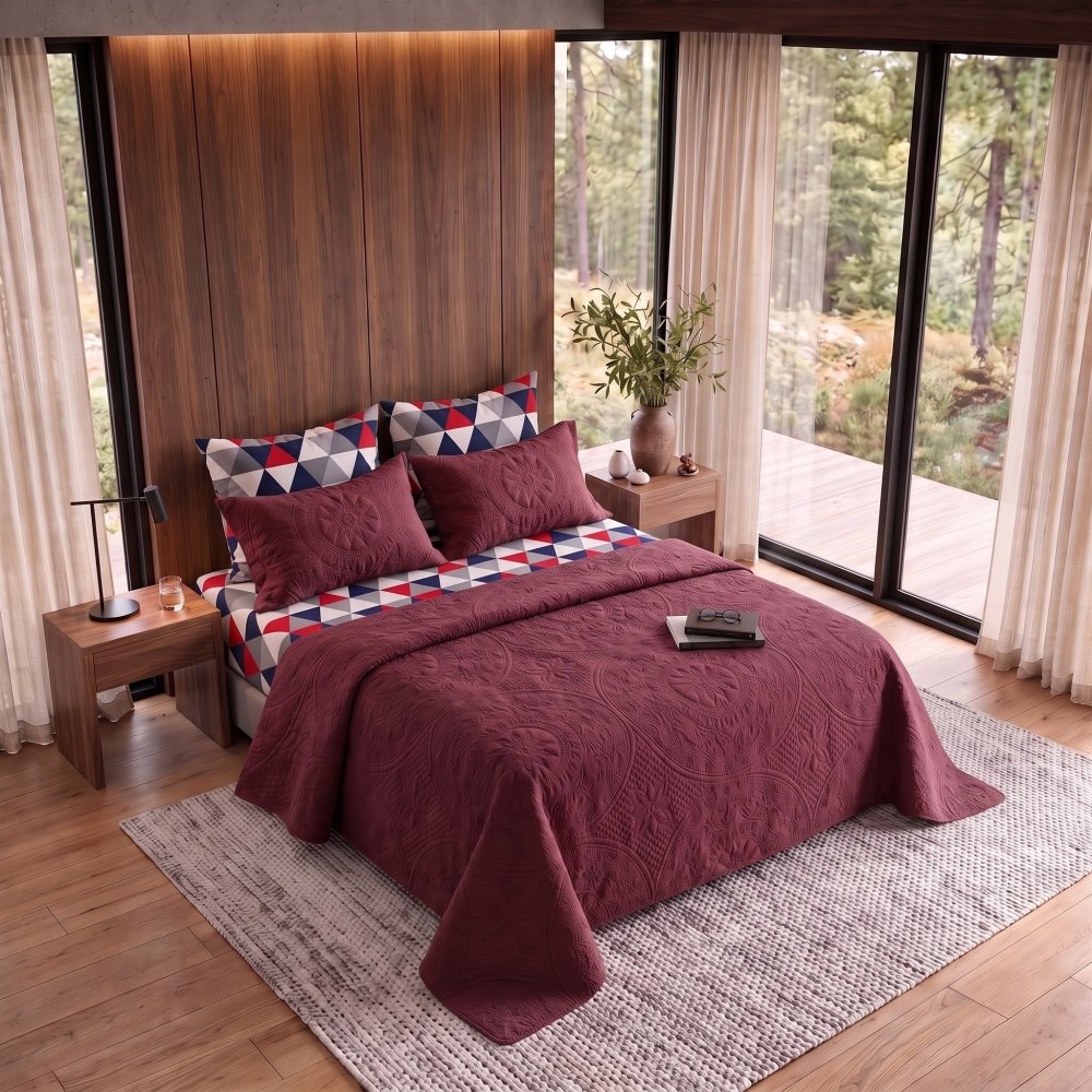 Red Tukri Maroon Bedspread - 6 Pcs - Zaraish.com
