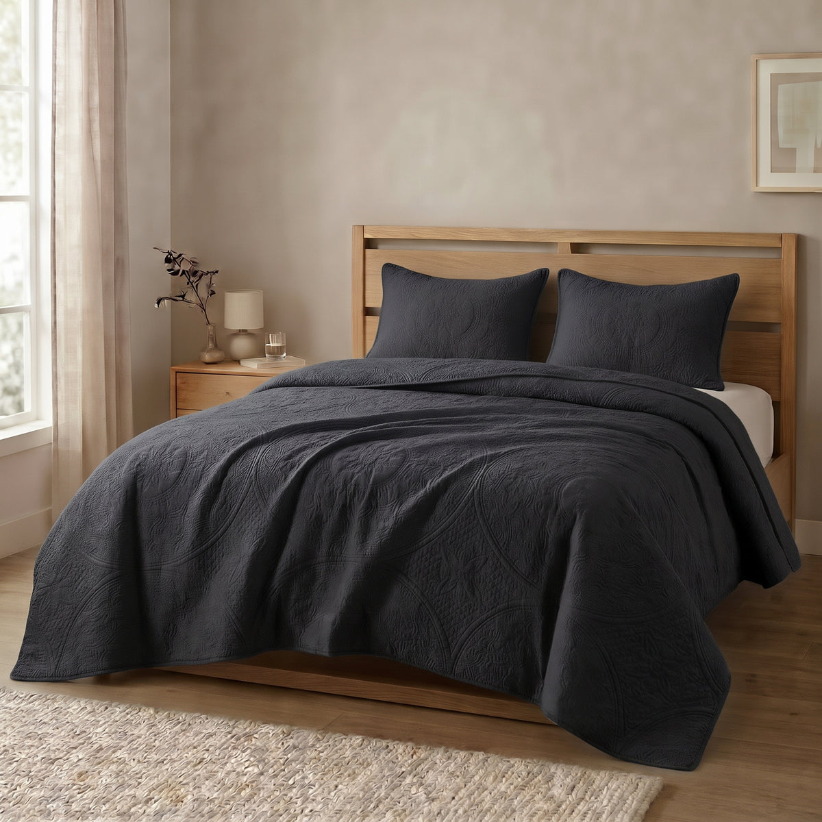 Dark Grey - Gilded Bloom Quilt - 3pcs BEDSPREAD Set (Light Filling)