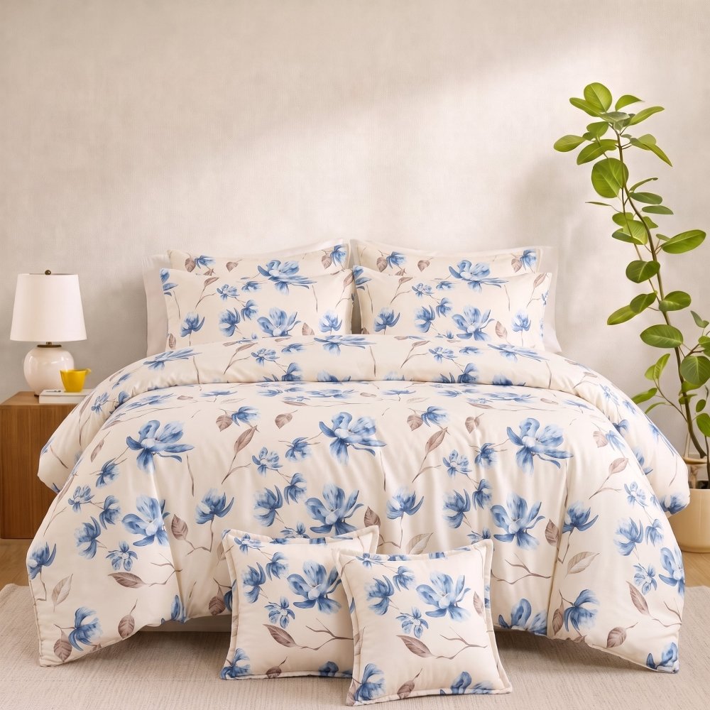 Vanilla Blue Floral - 8pcs Quilt Cover Set (Without Filling) - Zaraish.com