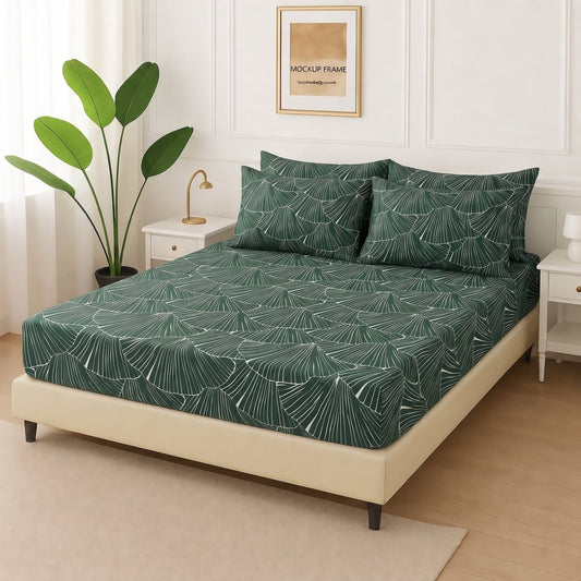 Verdant Fan - Fitted Bedsheet With 4 Pillow Covers - Zaraish.com