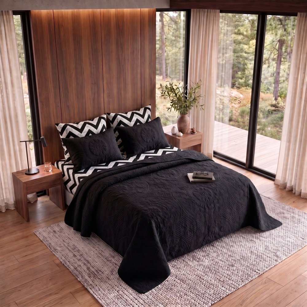 Zigzag Black Bedspread - 6 Pcs - Zaraish.com